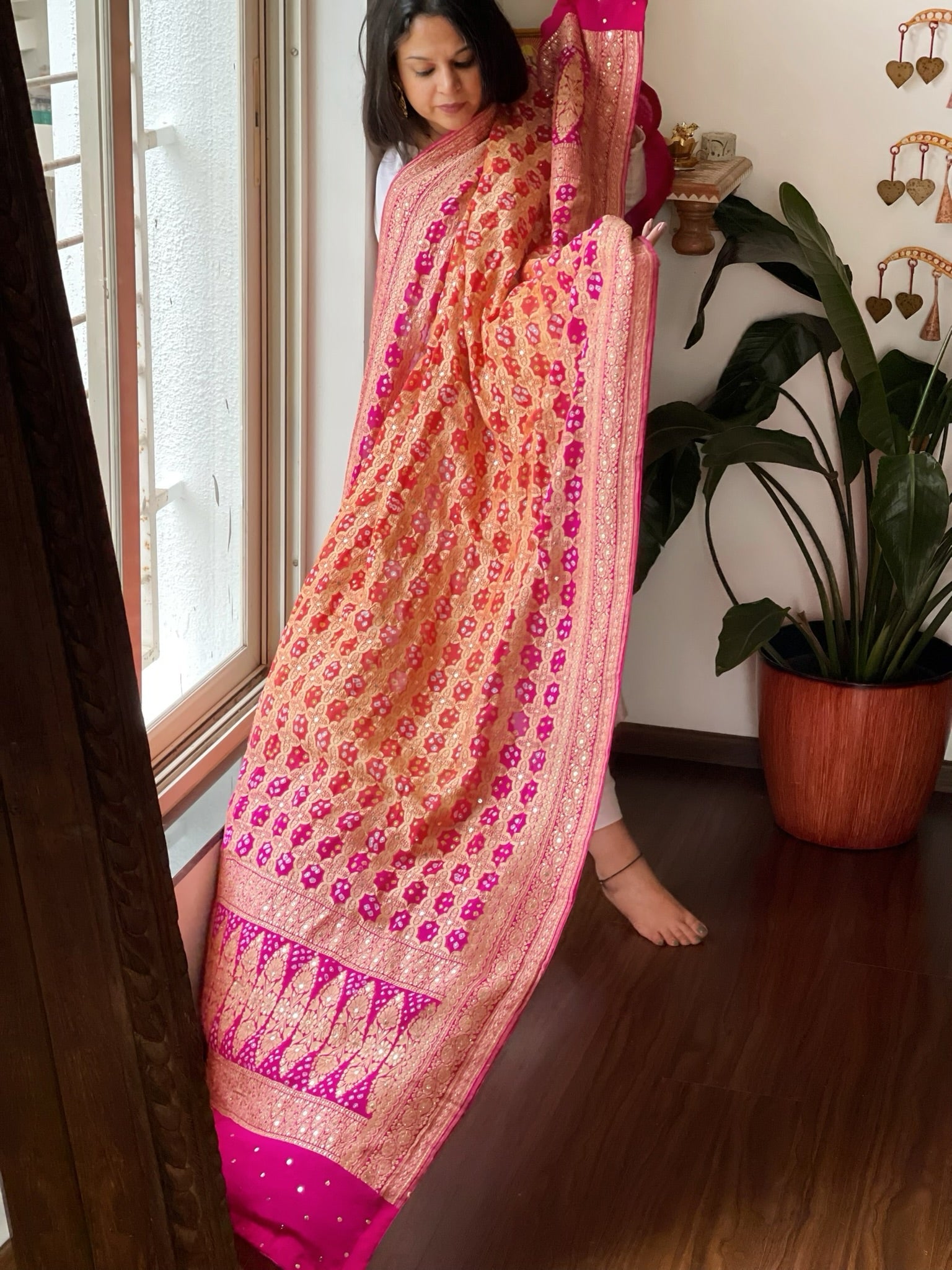 Orange, Pink Neemzari Bandhani Dupatta with Mukaish Handwork in Georgette - Masakalee