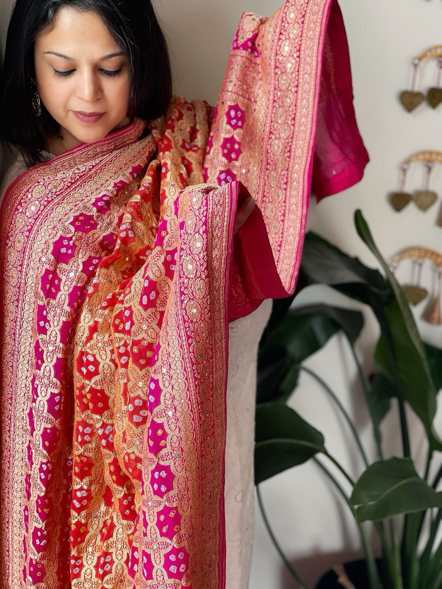 Orange, Pink Neemzari Bandhani Dupatta with Mukaish Handwork in Georgette - Masakalee