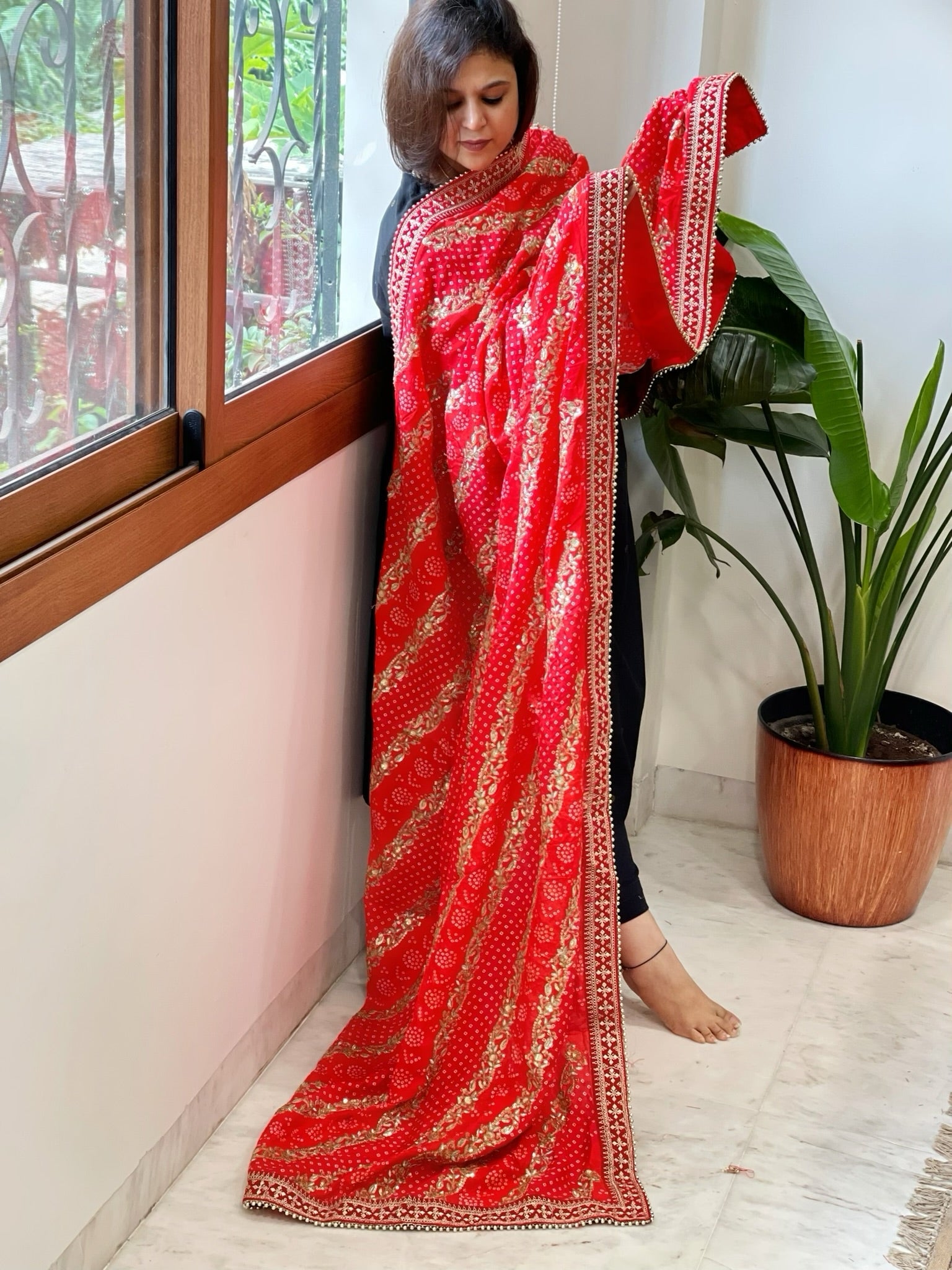 Orange Printed Bandhej Dupatta in Chinon with Gold Thread and Sequin Work - Masakalee