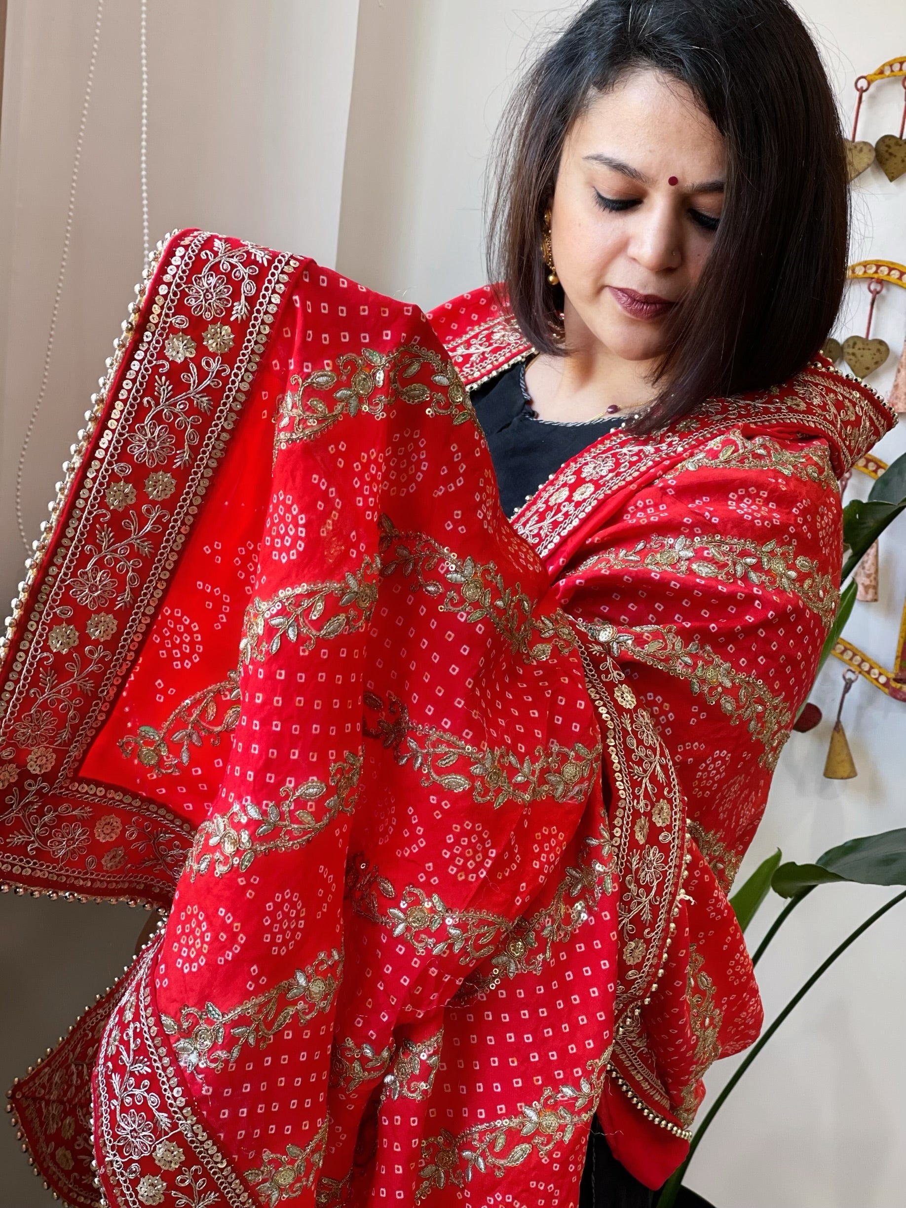Orange Printed Bandhej Dupatta in Chinon with Gold Thread and Sequin Work - Masakalee