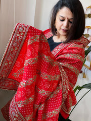 Orange Printed Bandhej Dupatta in Chinon with Gold Thread and Sequin Work - Masakalee