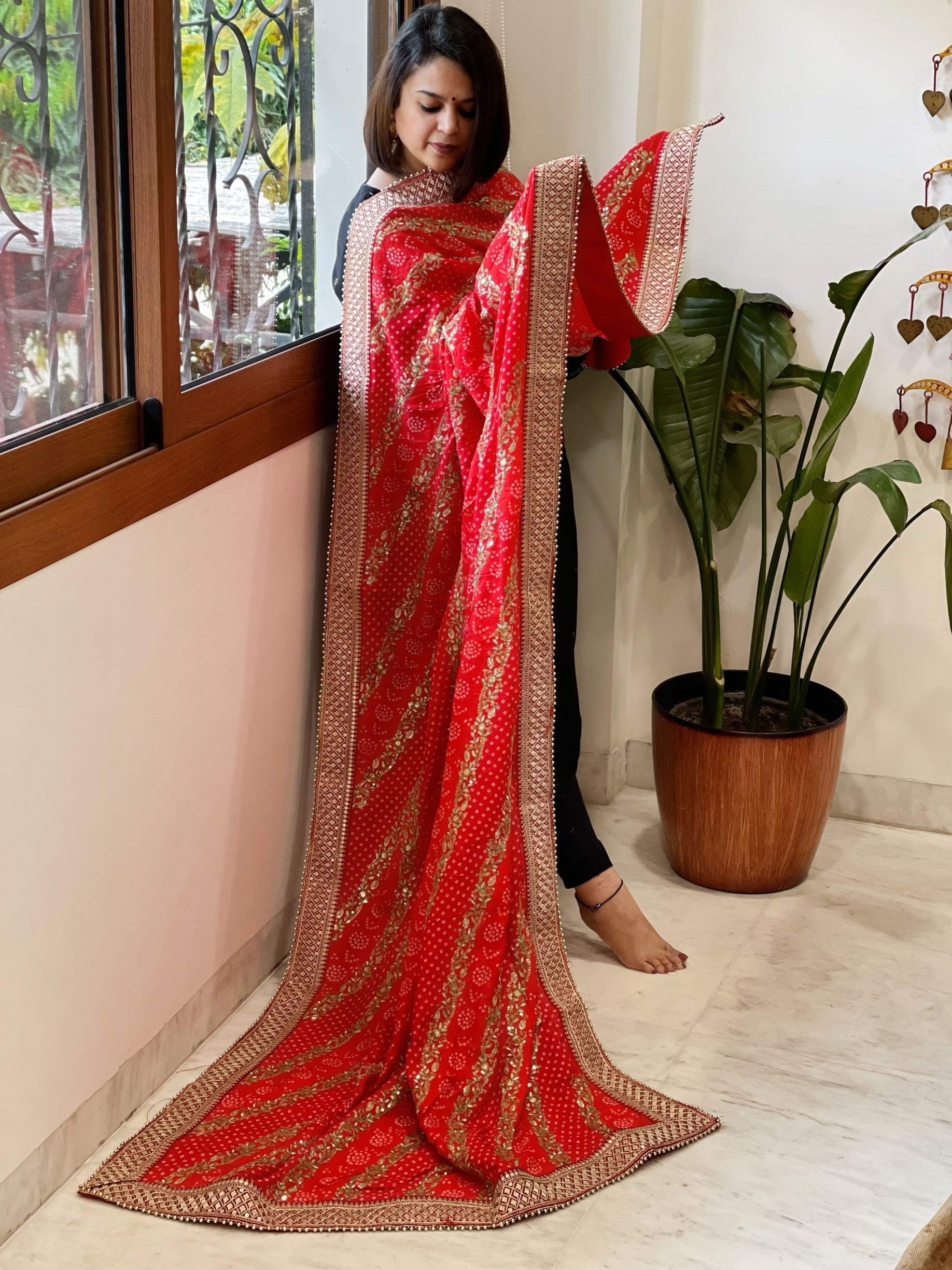 Orange Printed Bandhej Dupatta in Chinon with Gold Thread and Sequin Work - Masakalee
