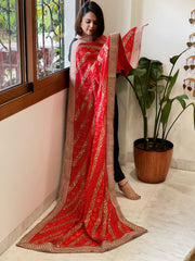 Orange Printed Bandhej Dupatta in Chinon with Gold Thread and Sequin Work - Masakalee
