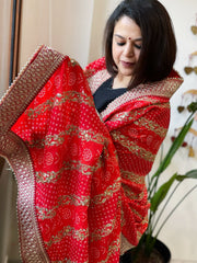 Orange Printed Bandhej Dupatta in Chinon with Gold Thread and Sequin Work - Masakalee