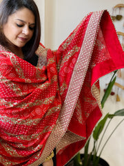 Orange Printed Bandhej Dupatta in Chinon with Gold Thread and Sequin Work - Masakalee