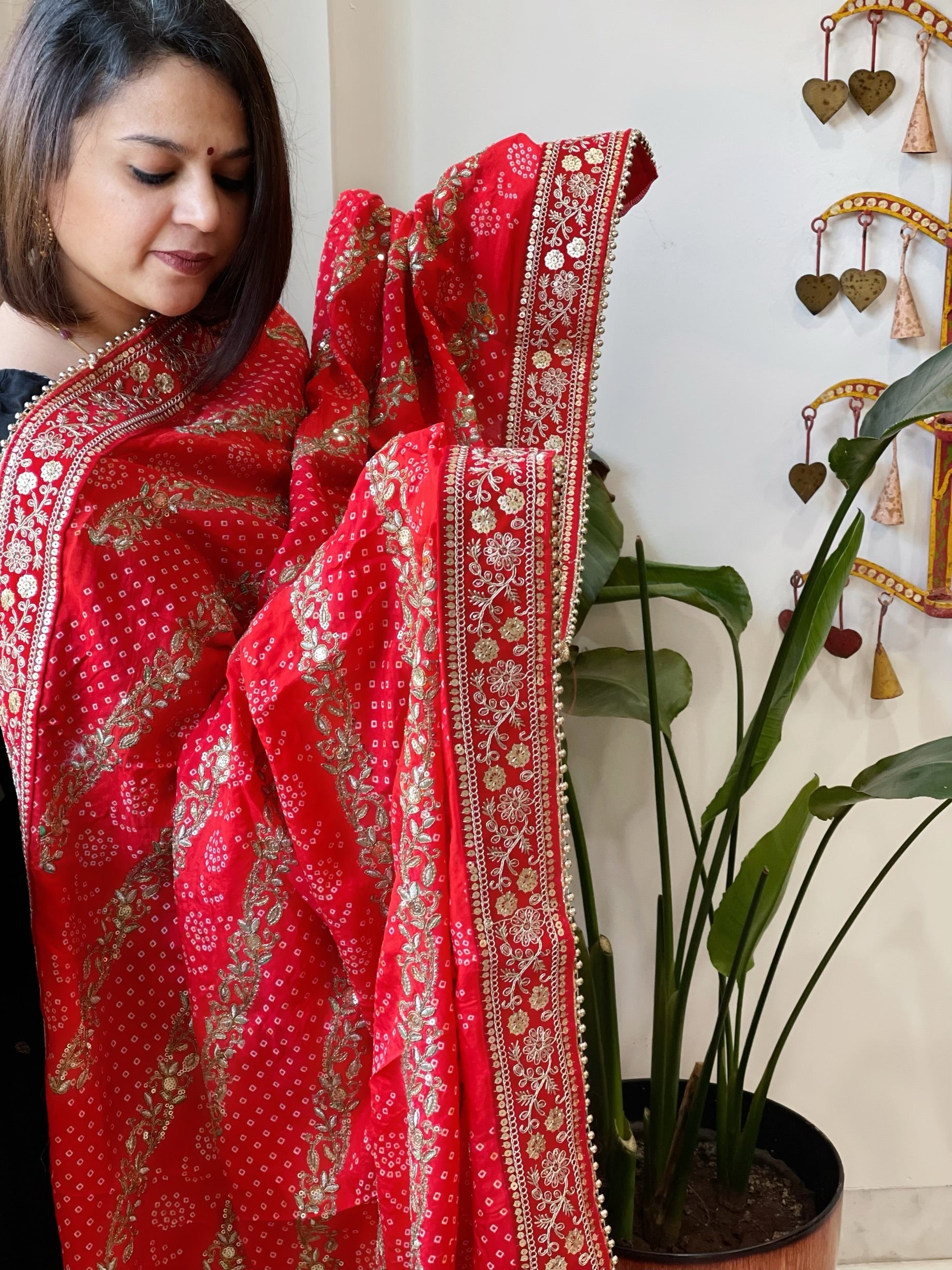 Orange Printed Bandhej Dupatta in Chinon with Gold Thread and Sequin Work - Masakalee