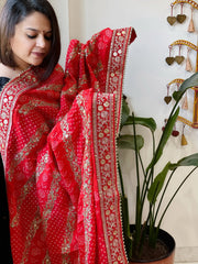Orange Printed Bandhej Dupatta in Chinon with Gold Thread and Sequin Work - Masakalee