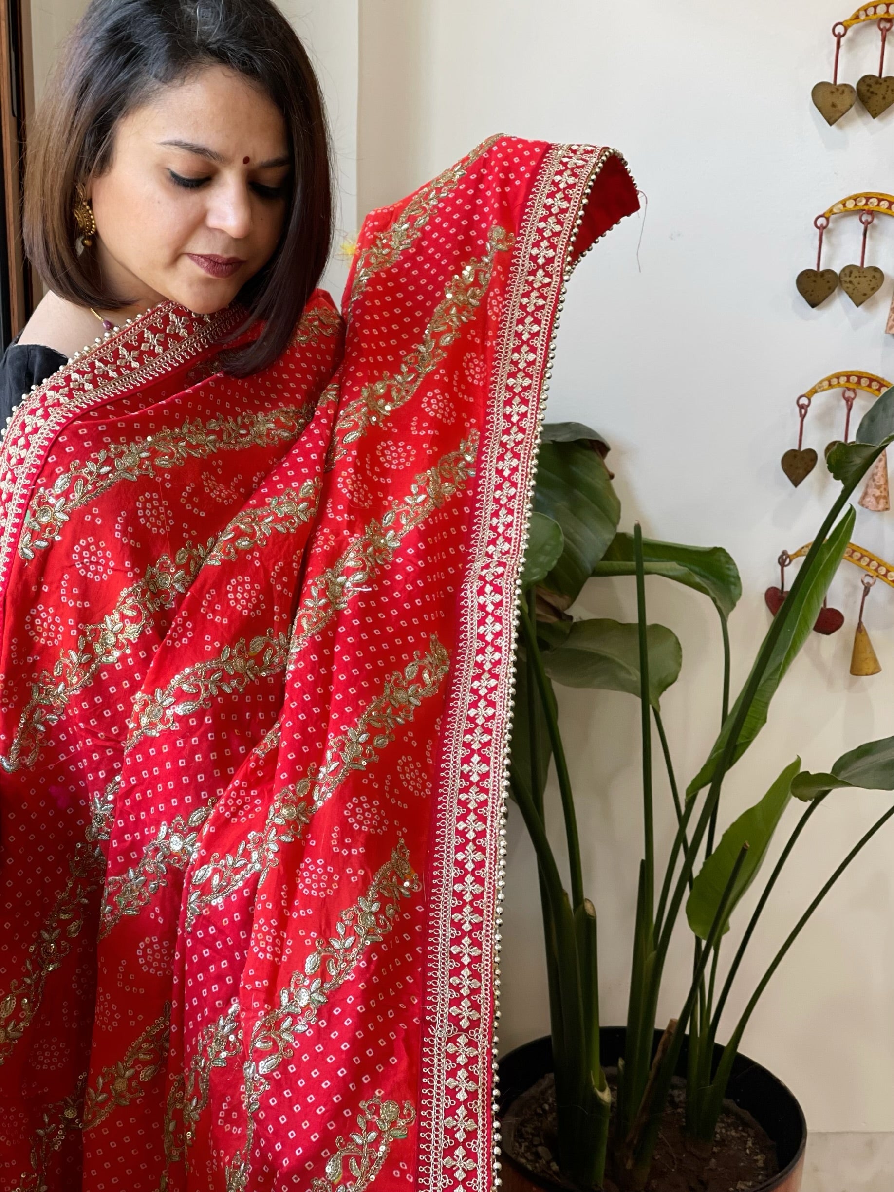 Orange Printed Bandhej Dupatta in Chinon with Gold Thread and Sequin Work - Masakalee