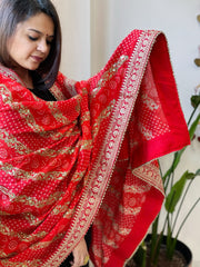 Orange Printed Bandhej Dupatta in Chinon with Gold Thread and Sequin Work - Masakalee