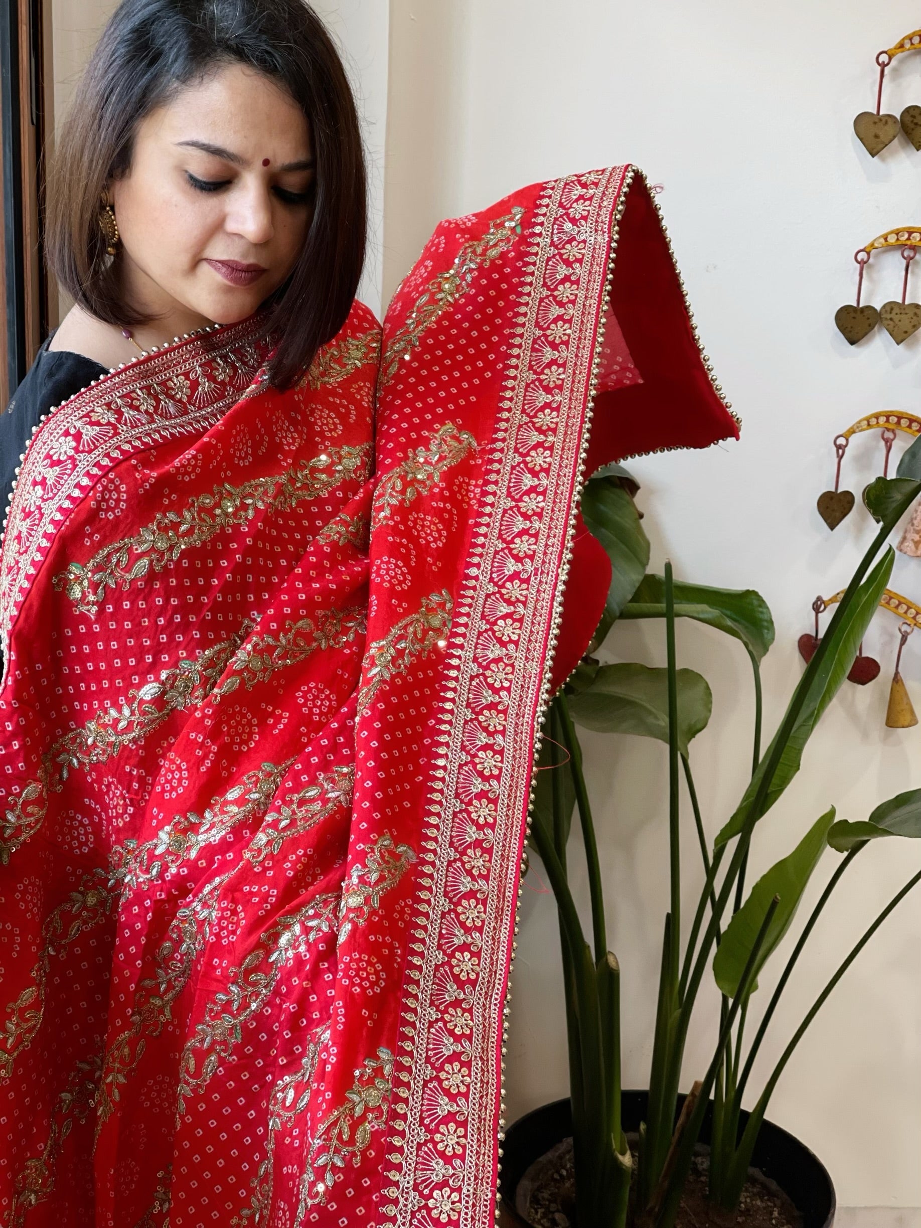 Orange Printed Bandhej Dupatta in Chinon with Gold Thread and Sequin Work - Masakalee