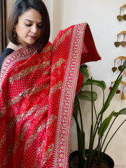 Orange Printed Bandhej Dupatta in Chinon with Gold Thread and Sequin Work - Masakalee