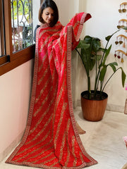 Orange Printed Bandhej Dupatta in Chinon with Gold Thread and Sequin Work - Masakalee