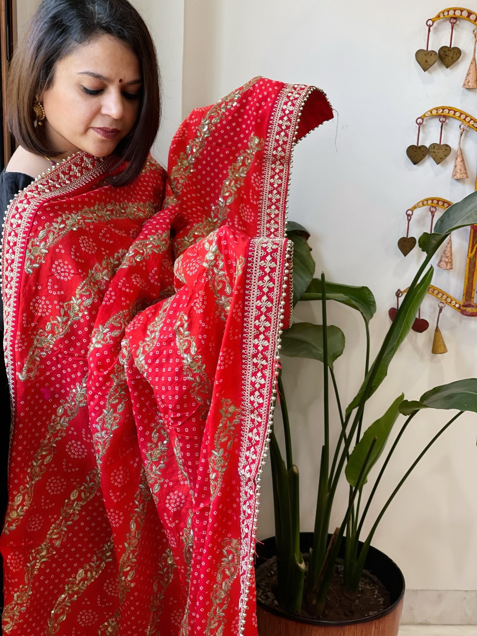 Orange Printed Bandhej Dupatta in Chinon with Gold Thread and Sequin Work - Masakalee