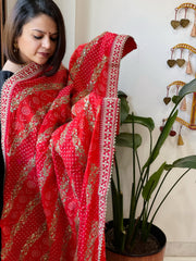 Orange Printed Bandhej Dupatta in Chinon with Gold Thread and Sequin Work - Masakalee