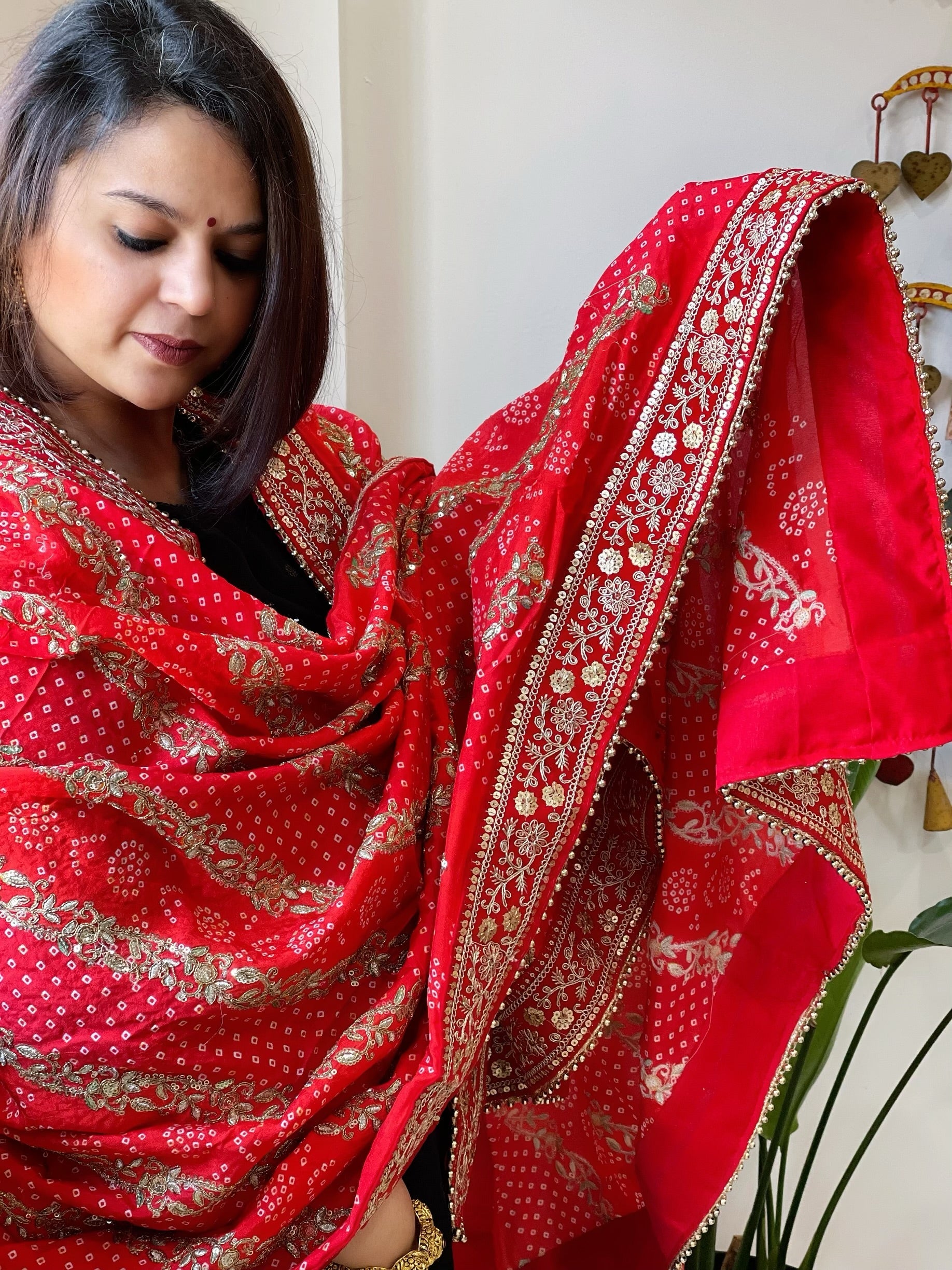 Orange Printed Bandhej Dupatta in Chinon with Gold Thread and Sequin Work - Masakalee