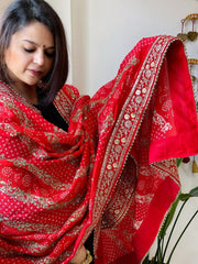 Orange Printed Bandhej Dupatta in Chinon with Gold Thread and Sequin Work - Masakalee