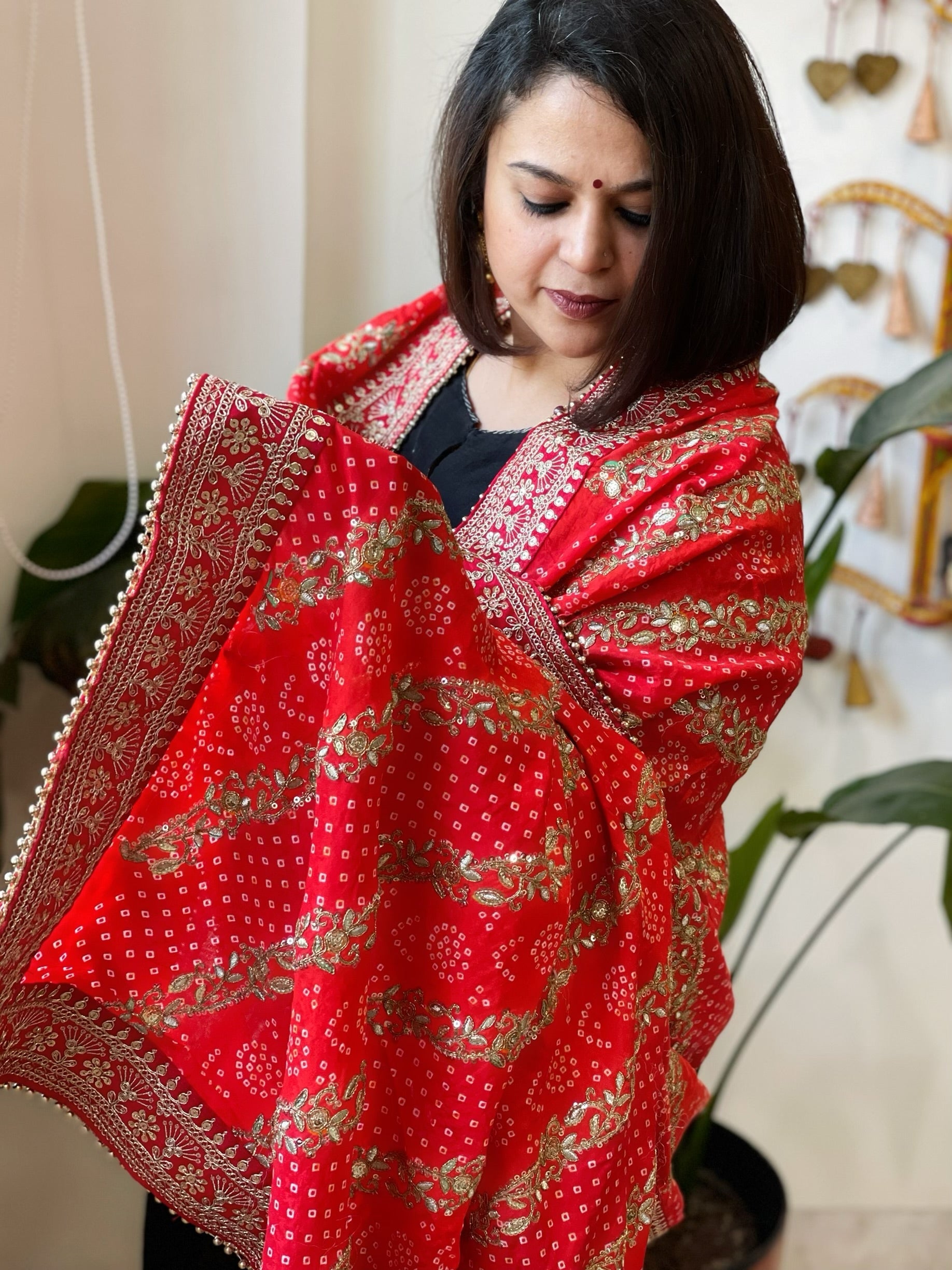 Orange Printed Bandhej Dupatta in Chinon with Gold Thread and Sequin Work - Masakalee