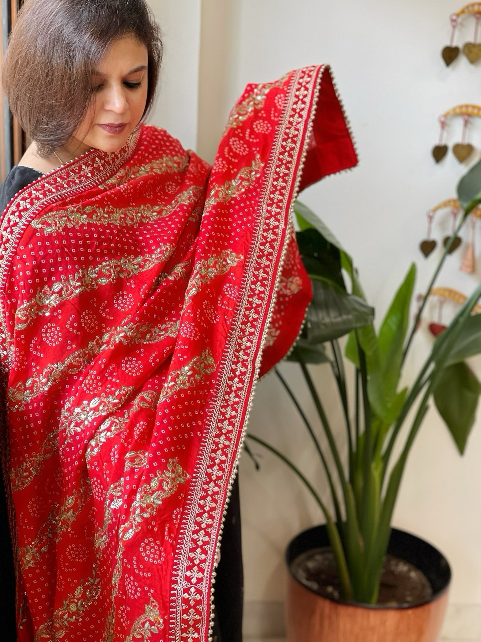 Orange Printed Bandhej Dupatta in Chinon with Gold Thread and Sequin Work - Masakalee