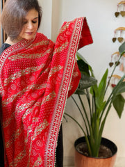 Orange Printed Bandhej Dupatta in Chinon with Gold Thread and Sequin Work - Masakalee