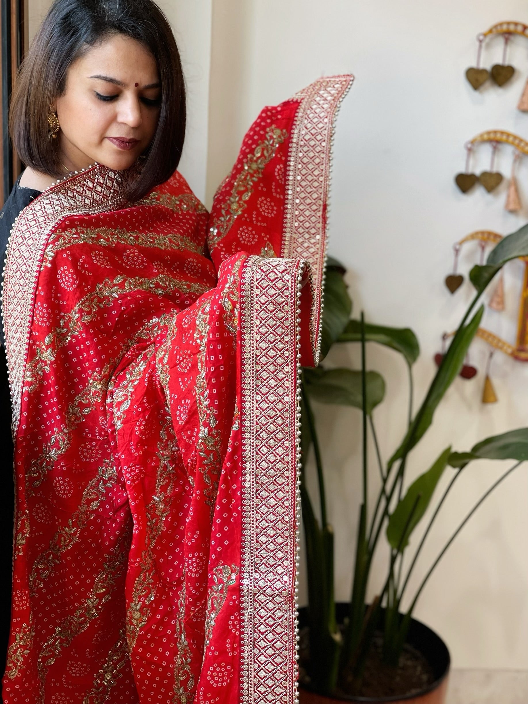 Orange Printed Bandhej Dupatta in Chinon with Gold Thread and Sequin Work - Masakalee