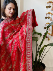 Orange Printed Bandhej Dupatta in Chinon with Gold Thread and Sequin Work - Masakalee