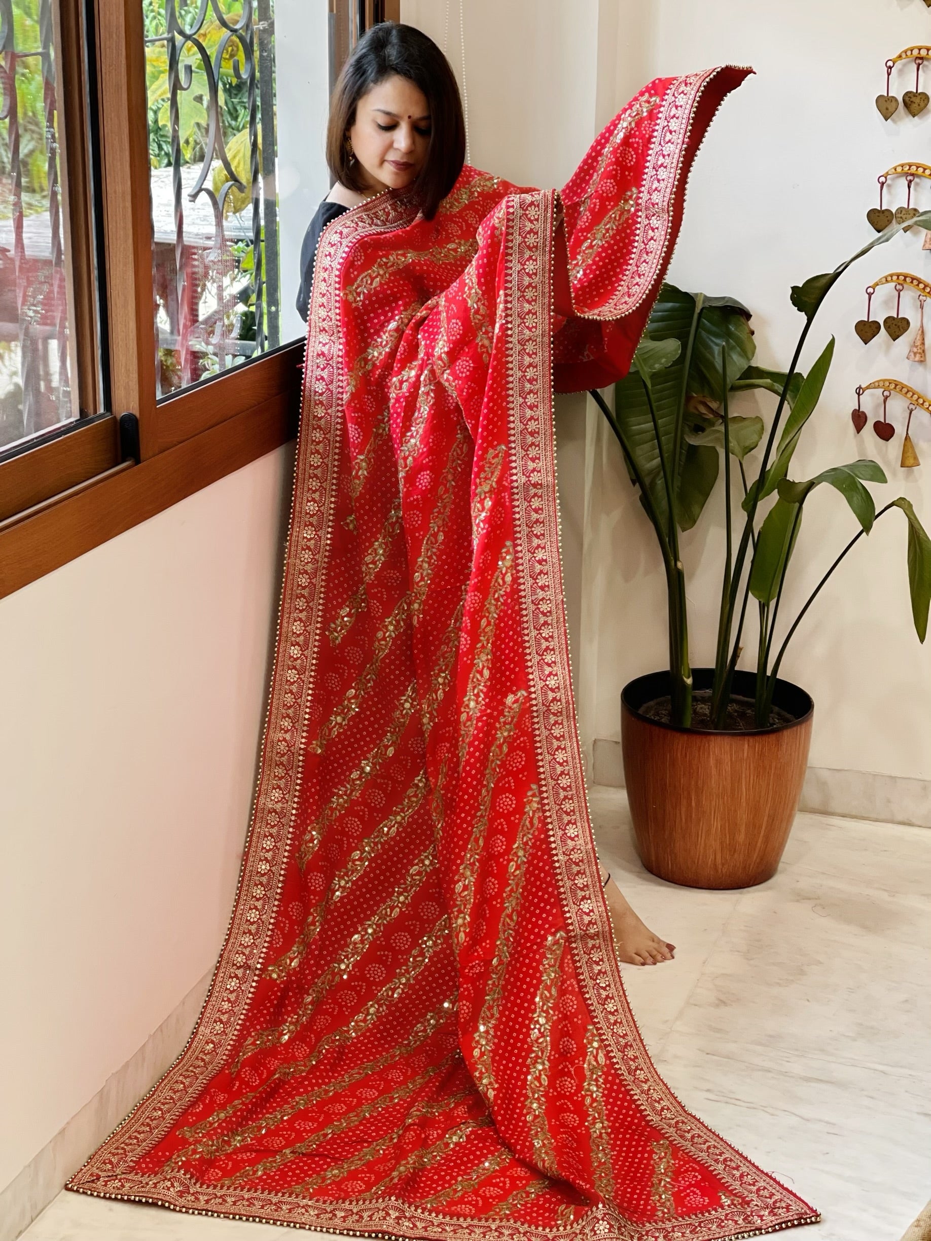 Orange Printed Bandhej Dupatta in Chinon with Gold Thread and Sequin Work - Masakalee