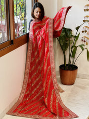 Orange Printed Bandhej Dupatta in Chinon with Gold Thread and Sequin Work - Masakalee