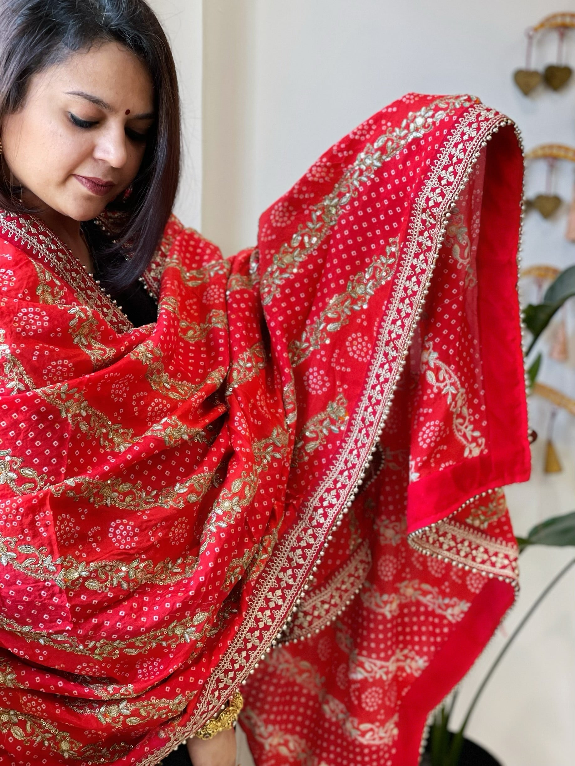Orange Printed Bandhej Dupatta in Chinon with Gold Thread and Sequin Work - Masakalee