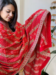 Orange Printed Bandhej Dupatta in Chinon with Gold Thread and Sequin Work - Masakalee