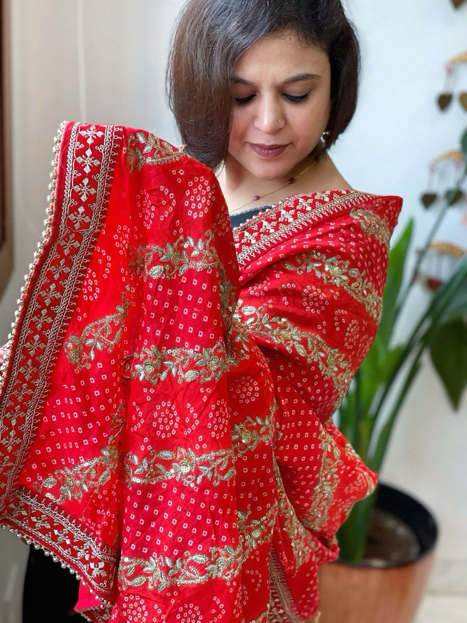 Orange Printed Bandhej Dupatta in Chinon with Gold Thread and Sequin Work - Masakalee