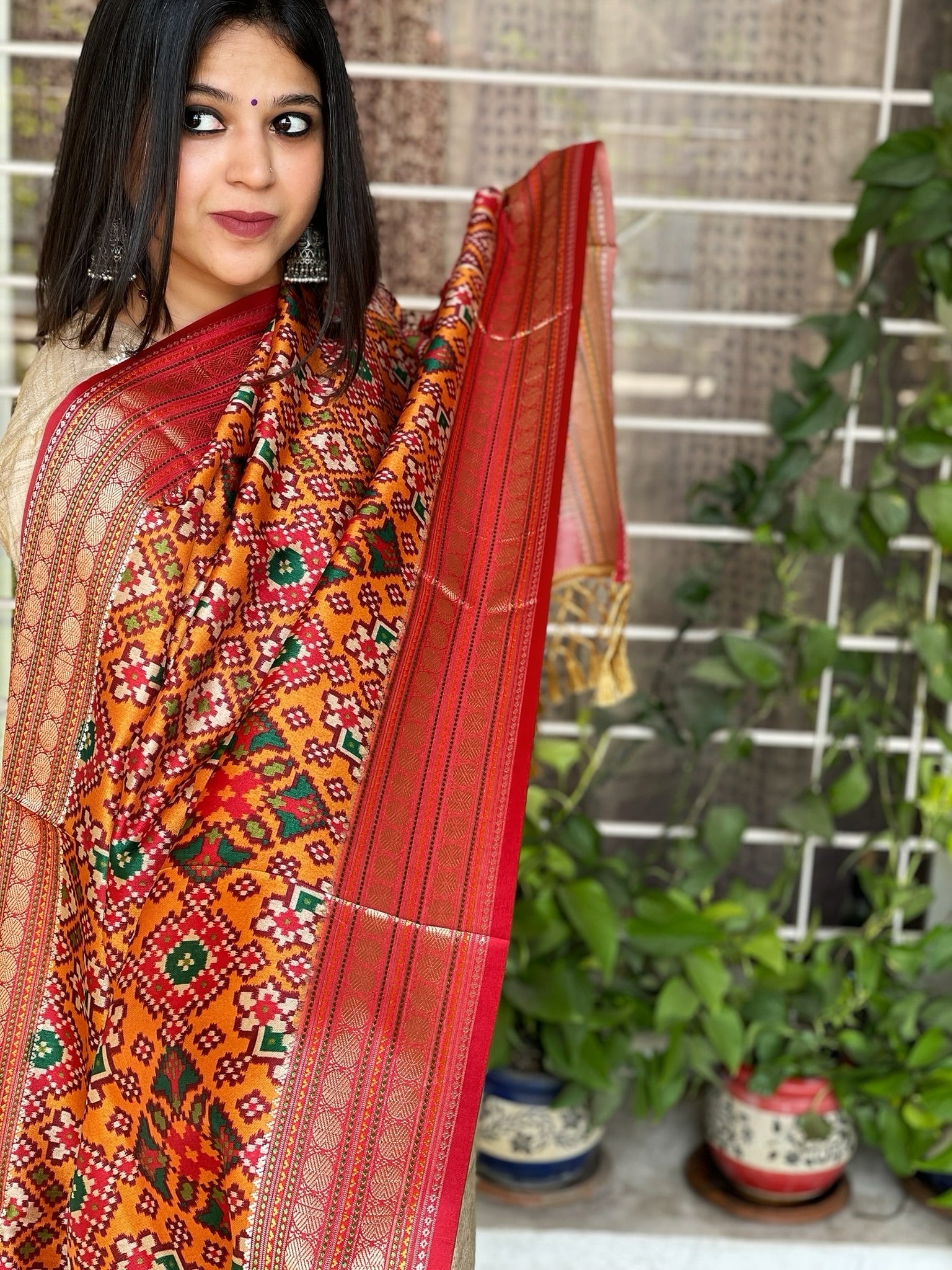 Orange Printed Patola Dupatta in Fine Art Silk - Masakalee