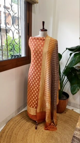 Orange, Purple Handwoven Banarasi Suit Set in Pure Georgette - Masakalee