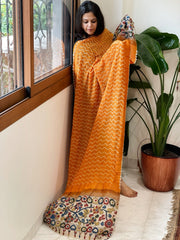 Orange Rai Bandhej Dupatta with Handpainted Kalamkari Pallu in Pure Muga Silk - Masakalee