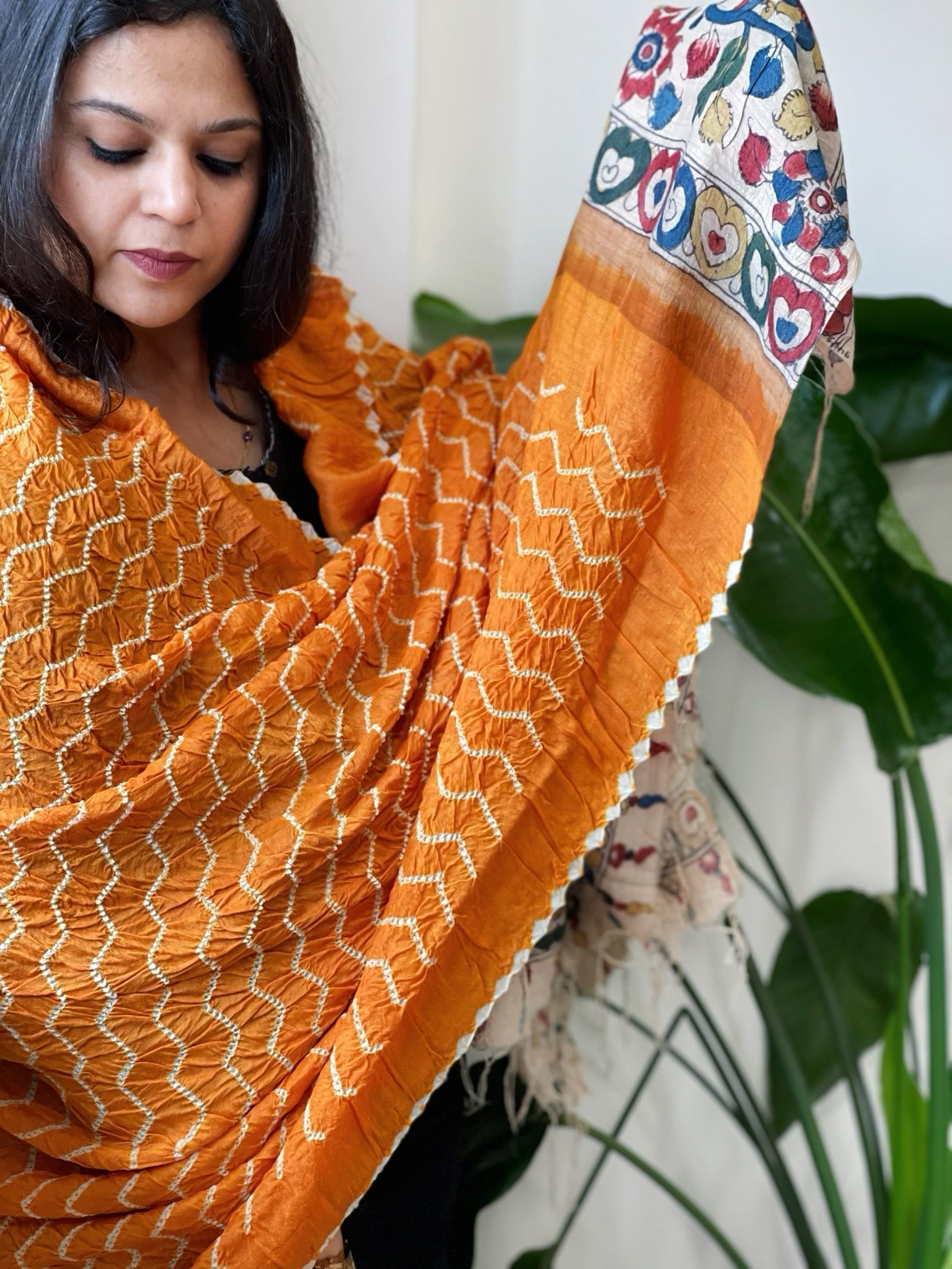 Orange Rai Bandhej Dupatta with Handpainted Kalamkari Pallu in Pure Muga Silk - Masakalee