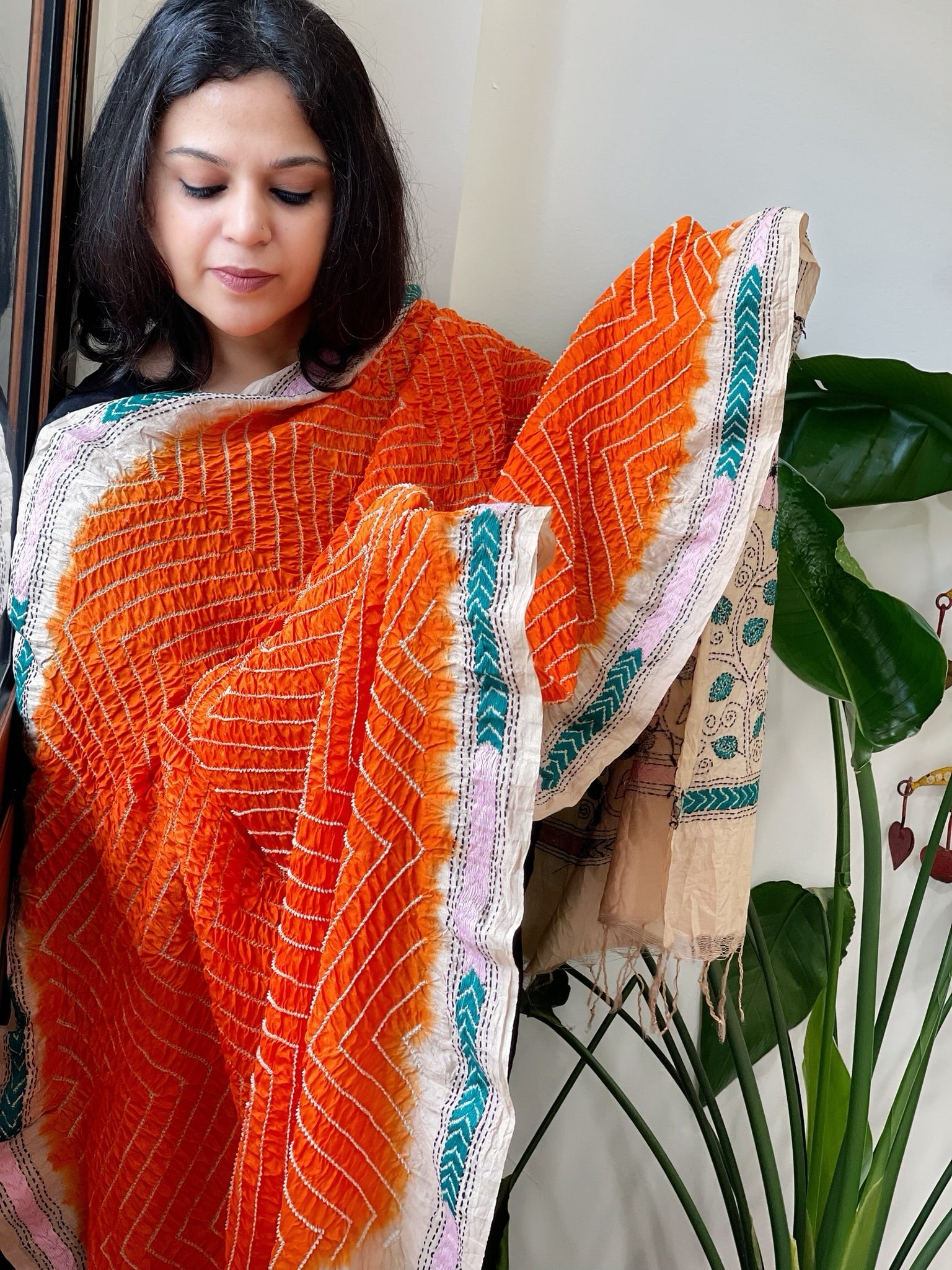 Orange Rai Bandhej Dupatta with Kantha Handwork in Pure Munga Tussar Silk - Masakalee