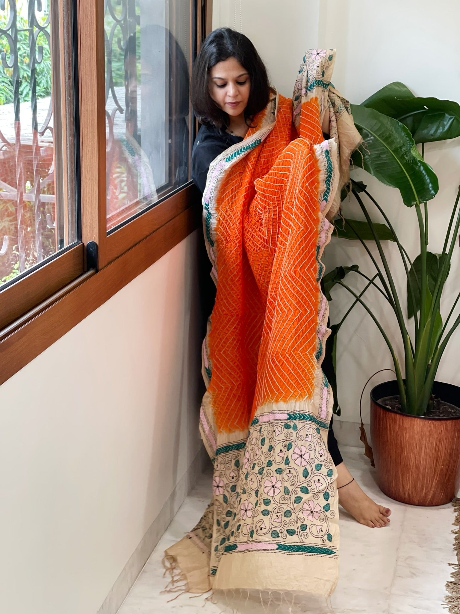 Orange Rai Bandhej Dupatta with Kantha Handwork in Pure Munga Tussar Silk - Masakalee