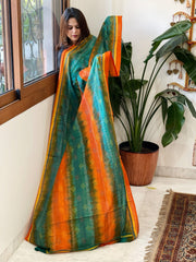 Orange, Rama Blue Handmade Kantha Dupatta in Silk - Masakalee