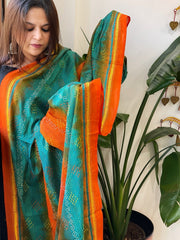 Orange, Rama Blue Handmade Kantha Dupatta in Silk - Masakalee
