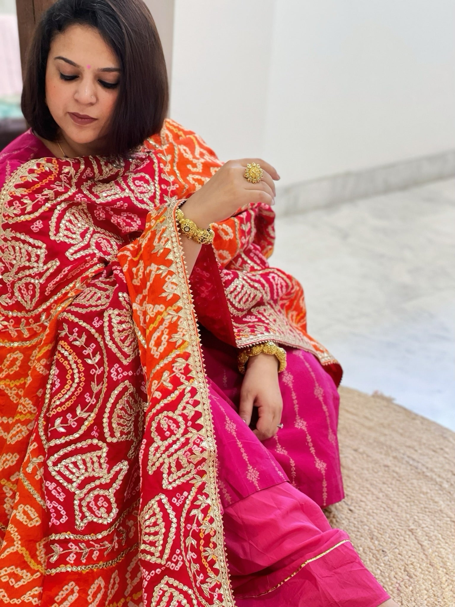 Orange, Red Bandhani Dupatta with Gotapatti Handwork in Pure Silk - Masakalee