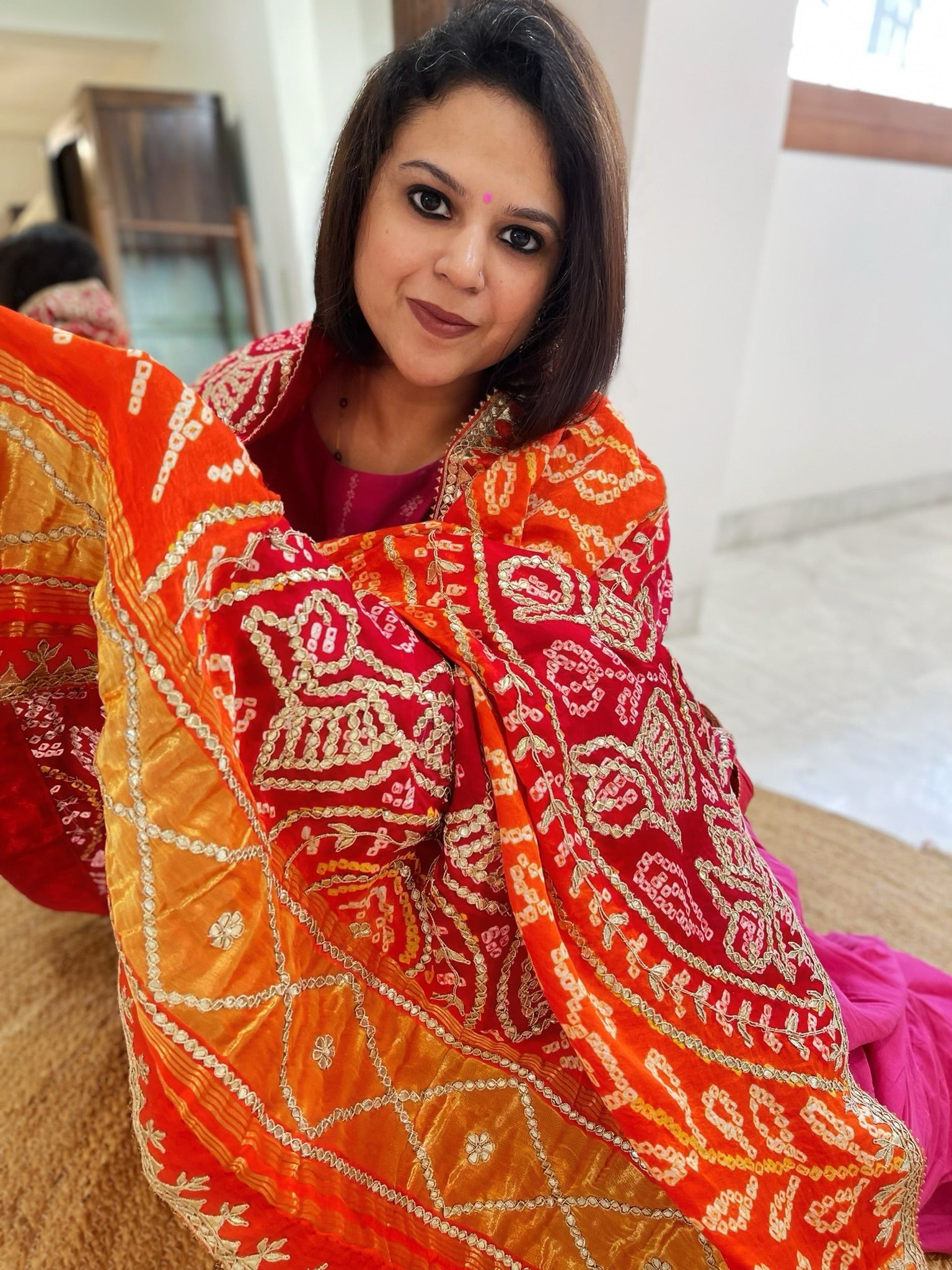 Orange, Red Bandhani Dupatta with Gotapatti Handwork in Pure Silk - Masakalee