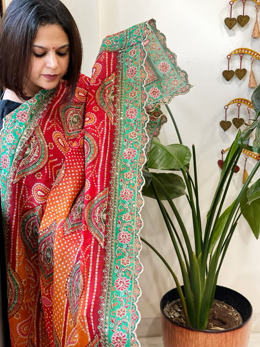 Orange, Red Chinon Dupatta with Aari Embroidery - Masakalee