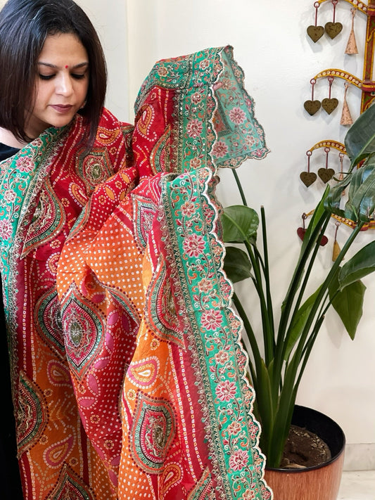 Orange, Red Chinon Dupatta with Aari Embroidery - Masakalee