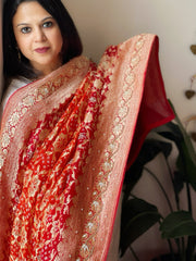 Orange, Red Handwoven NeemZari Bareek Bandhani with Dabka Handwork in Pure Georgette - Masakalee