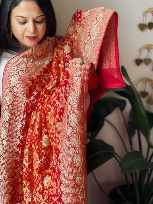Orange, Red Handwoven NeemZari Bareek Bandhani with Dabka Handwork in Pure Georgette - Masakalee