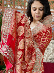 Orange, Red Handwoven NeemZari Bareek Bandhani with Gotapatti Handwork in Pure Georgette - Masakalee