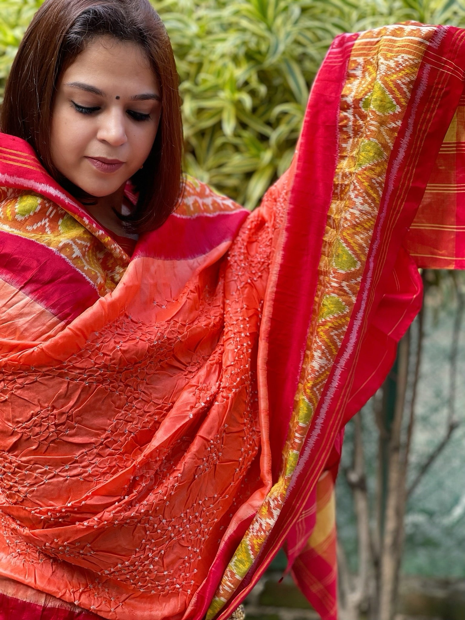 Orange, Red Handwoven Patola with Rai Bandhej Dupatta in Pure Silk - Masakalee