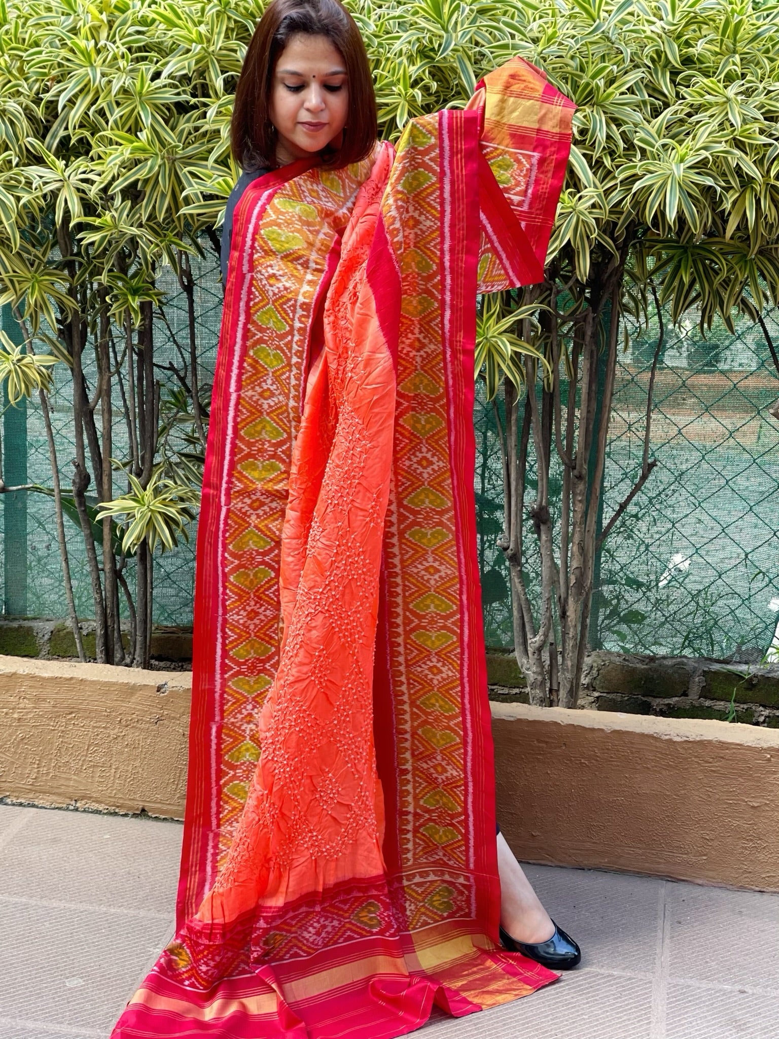 Orange, Red Handwoven Patola with Rai Bandhej Dupatta in Pure Silk - Masakalee
