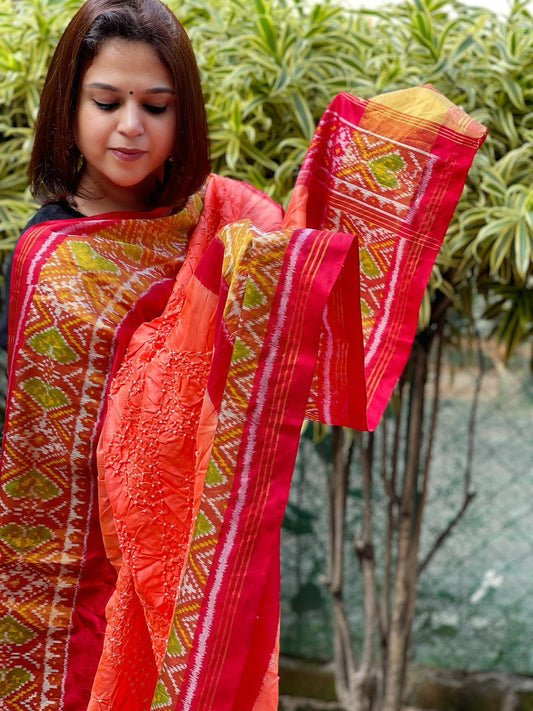 Orange, Red Handwoven Patola with Rai Bandhej Dupatta in Pure Silk - Masakalee