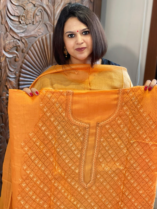 Orange Suit Set with Hand Embroidery in Pure Tussar Silk - Masakalee