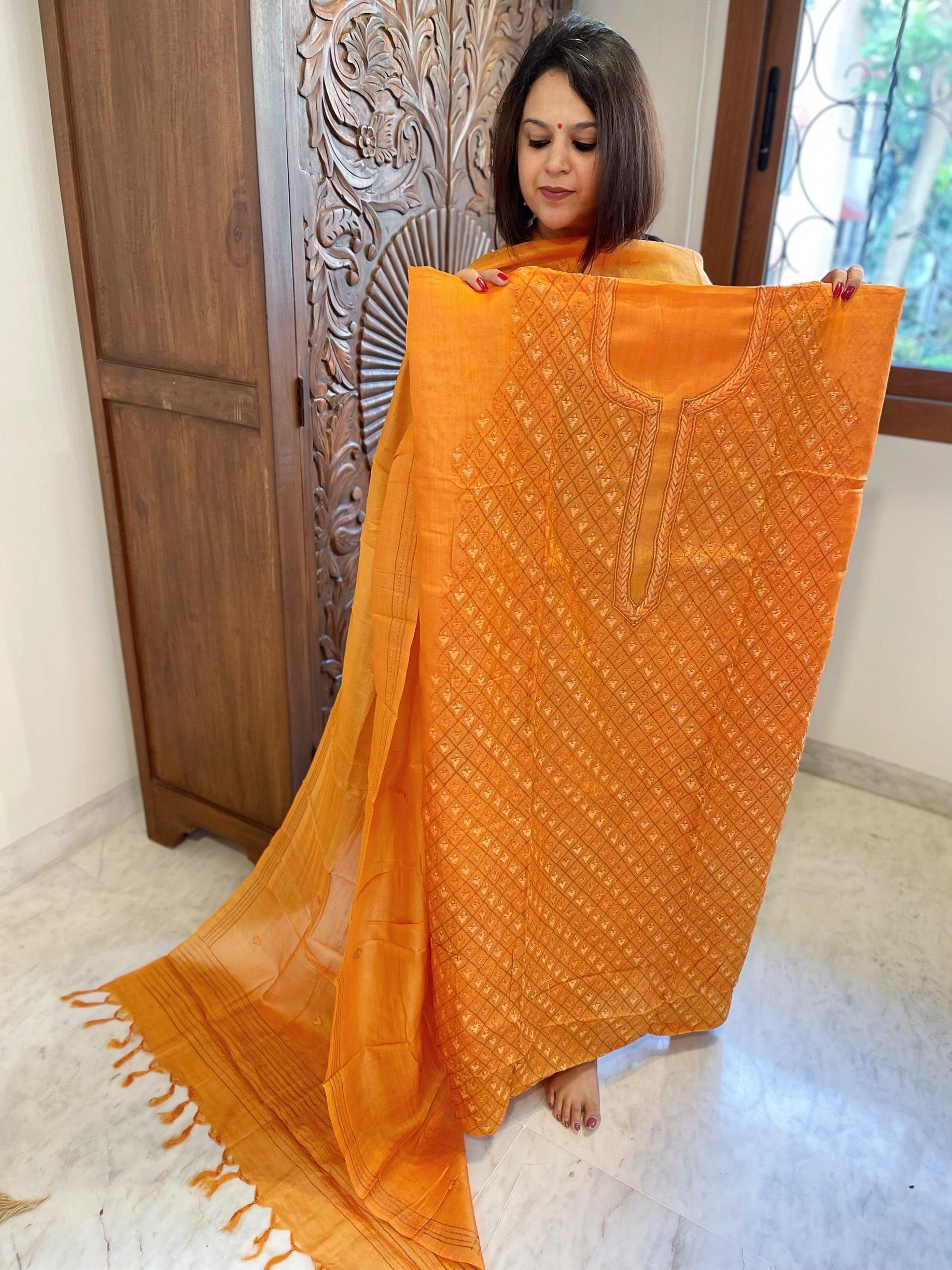 Orange Suit Set with Hand Embroidery in Pure Tussar Silk - Masakalee